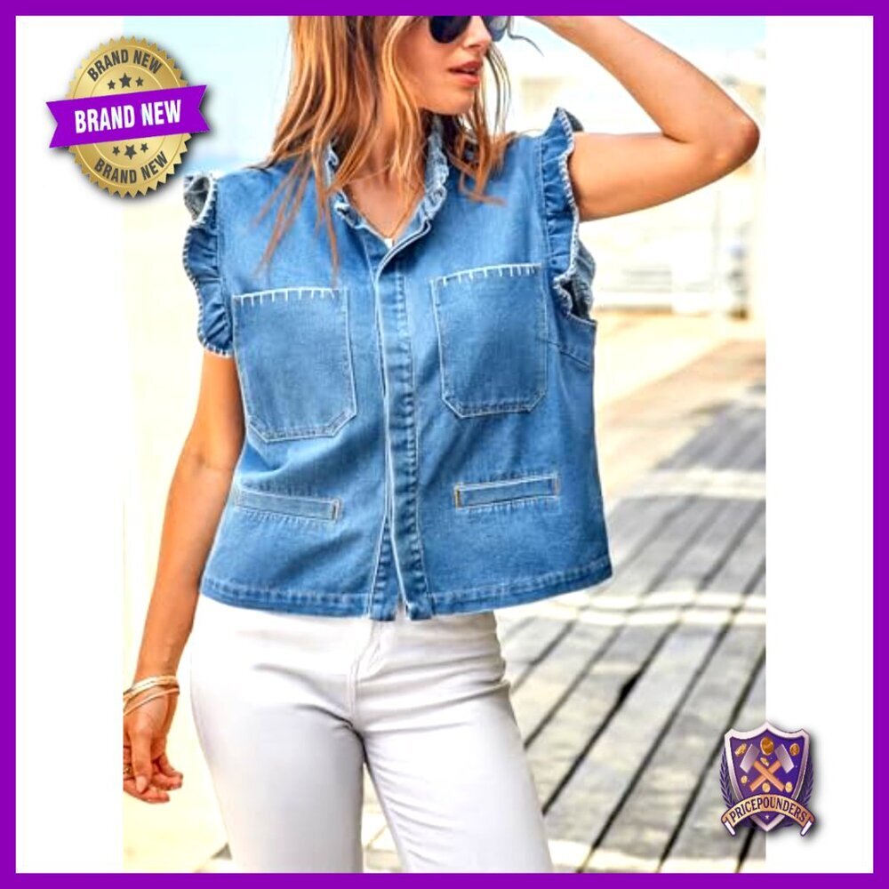 Denim Vest Ruffle Sleeve Cropped Jean Jacket Women's Casual Summer Top - Picture 4 of 7